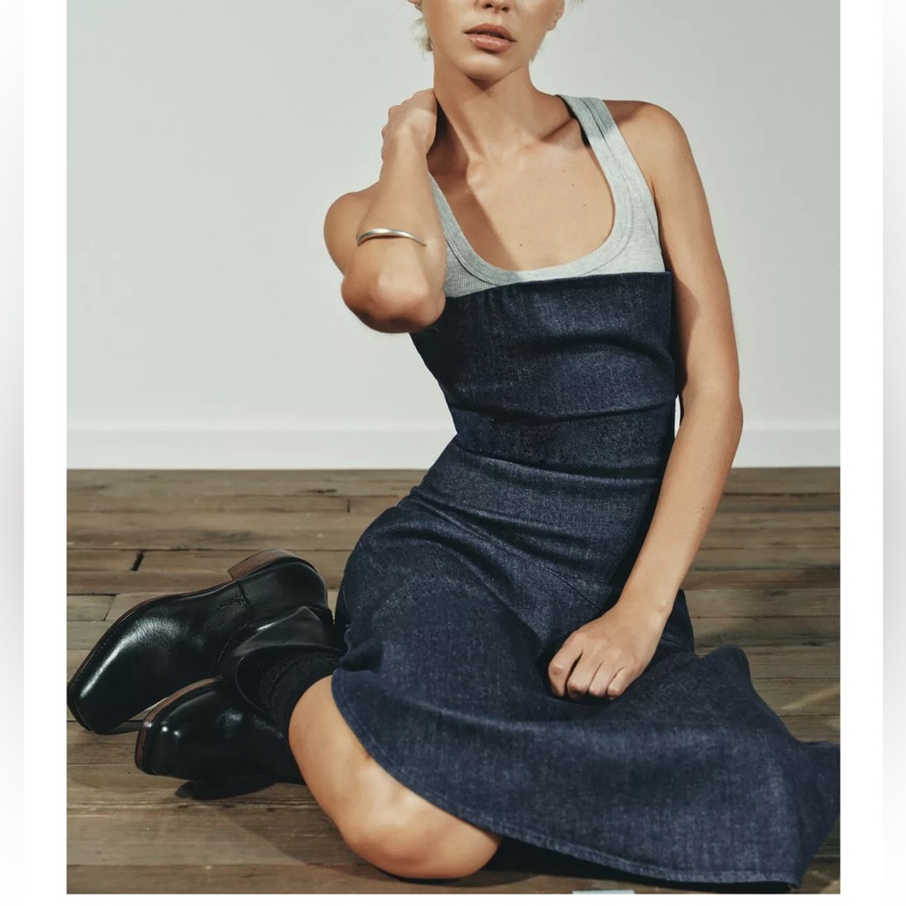Zara NWT dark denim blue asymmetric hem strapless tube midi dress - Picture 7 of 13